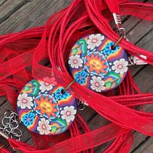 red sun psychedelic bohemian boho ribbon necklace